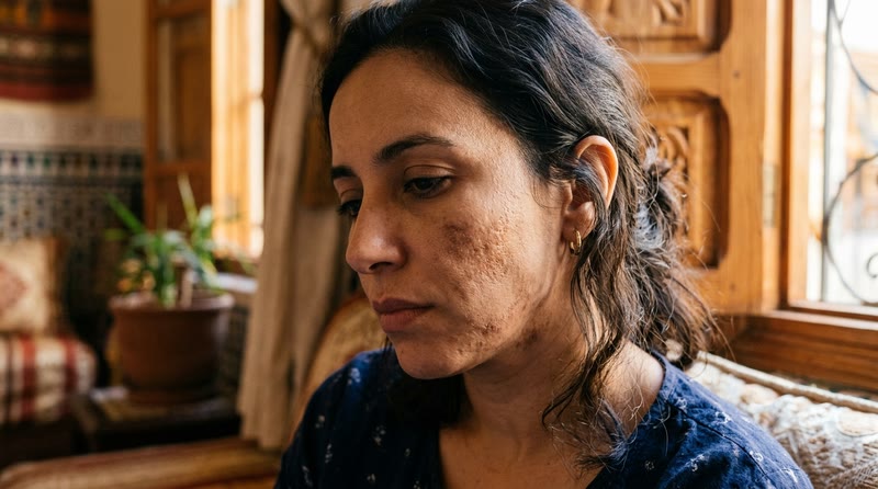بشرة فيها آثار الحبوب وبقع كحلين، تصويرة قريبة